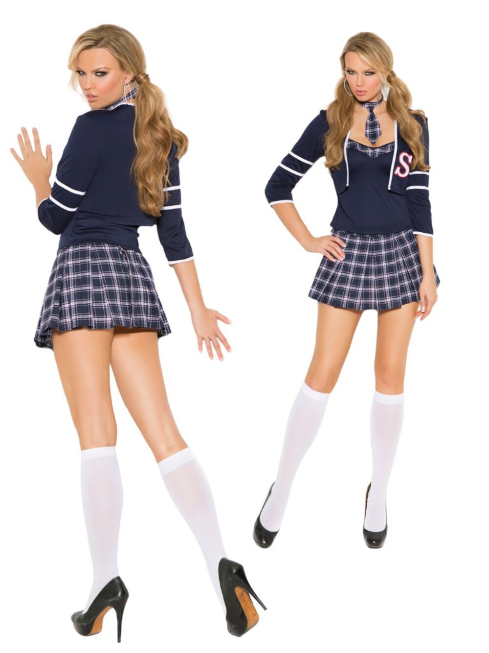 Schoolgirl Costume Navy Plaid Pleated Micro Mini Skirt Tie Jacket Large